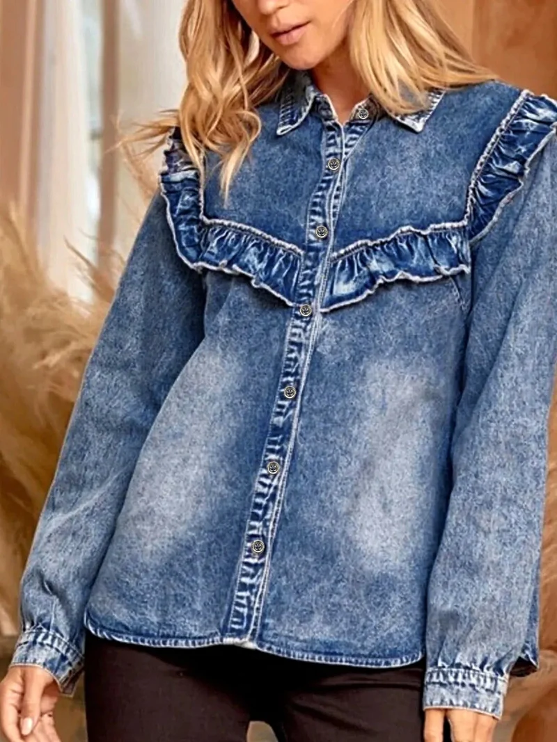 Vintage denim overhemd met ruches en knoopsluiting - 100% katoen, machinewasbaar, stijlvolle pasvorm