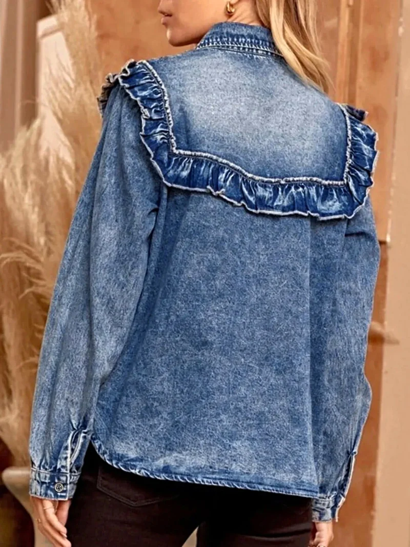 Vintage denim overhemd met ruches en knoopsluiting - 100% katoen, machinewasbaar, stijlvolle pasvorm