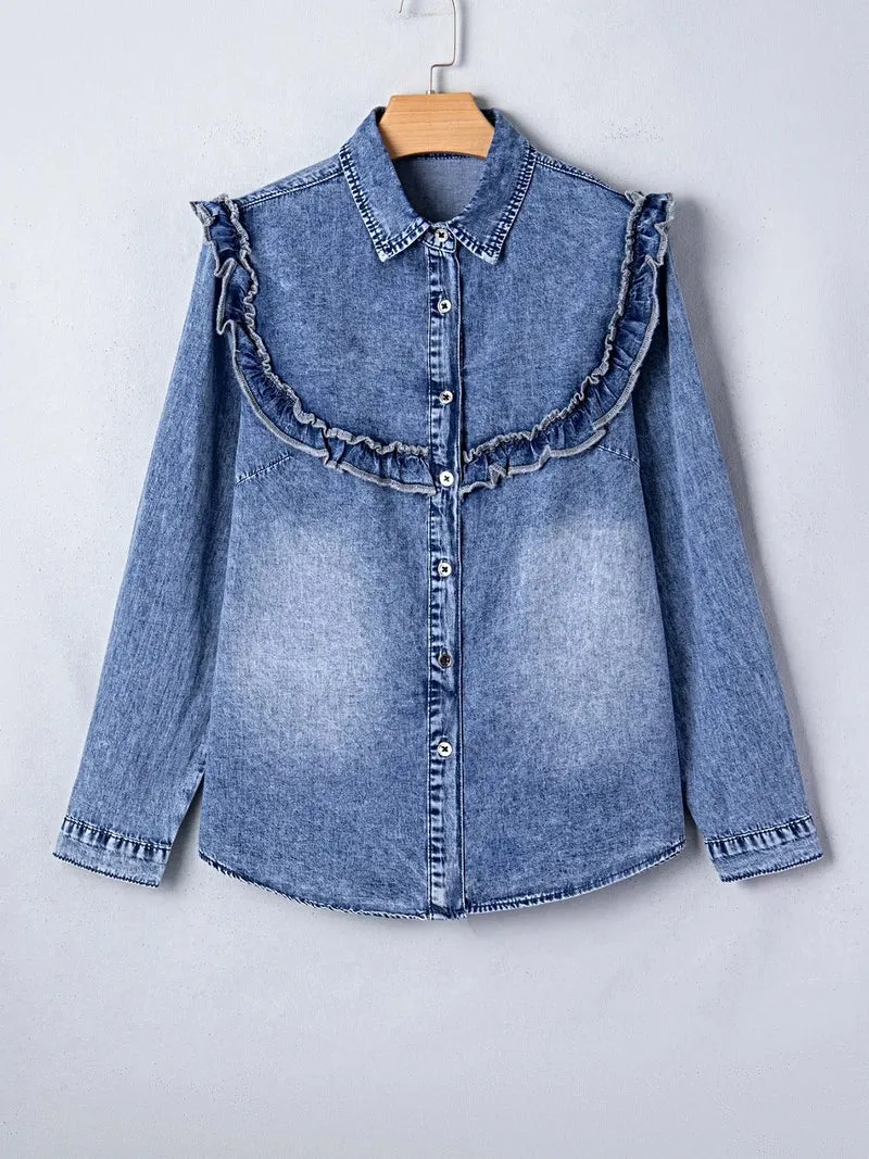 Vintage denim overhemd met ruches en knoopsluiting - 100% katoen, machinewasbaar, stijlvolle pasvorm