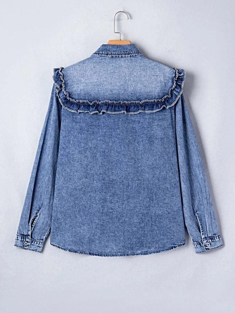 Vintage denim overhemd met ruches en knoopsluiting - 100% katoen, machinewasbaar, stijlvolle pasvorm