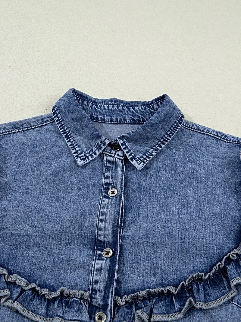 Vintage denim overhemd met ruches en knoopsluiting - 100% katoen, machinewasbaar, stijlvolle pasvorm