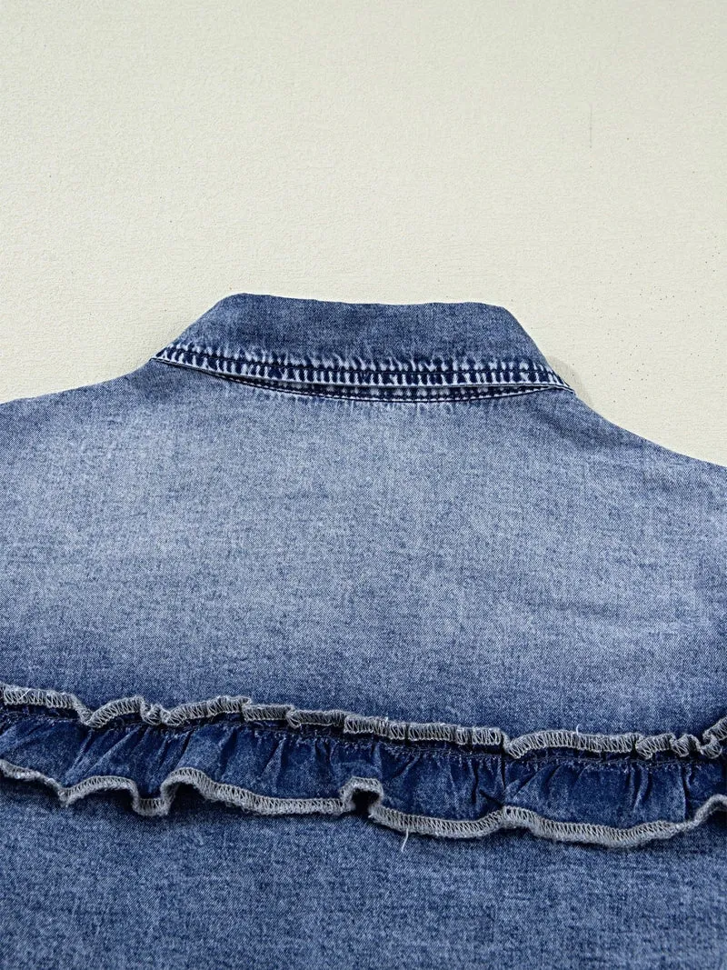 Vintage denim overhemd met ruches en knoopsluiting - 100% katoen, machinewasbaar, stijlvolle pasvorm