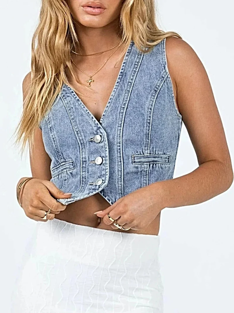 Elegant denim vest met V-hals en knoopsluiting - 85% katoen voor comfort en stijl