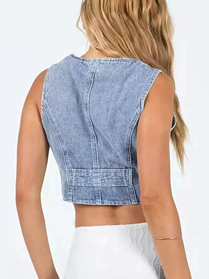 Elegant denim vest met V-hals en knoopsluiting - 85% katoen voor comfort en stijl