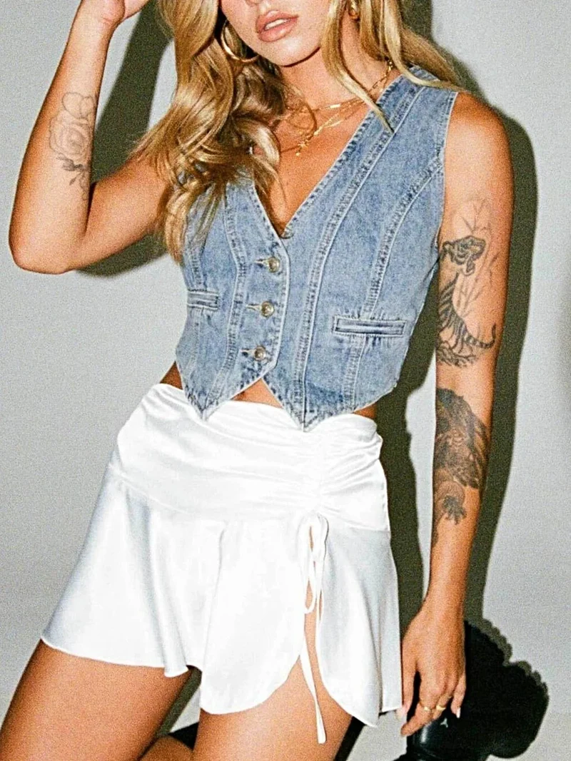 Elegant denim vest met V-hals en knoopsluiting - 85% katoen voor comfort en stijl
