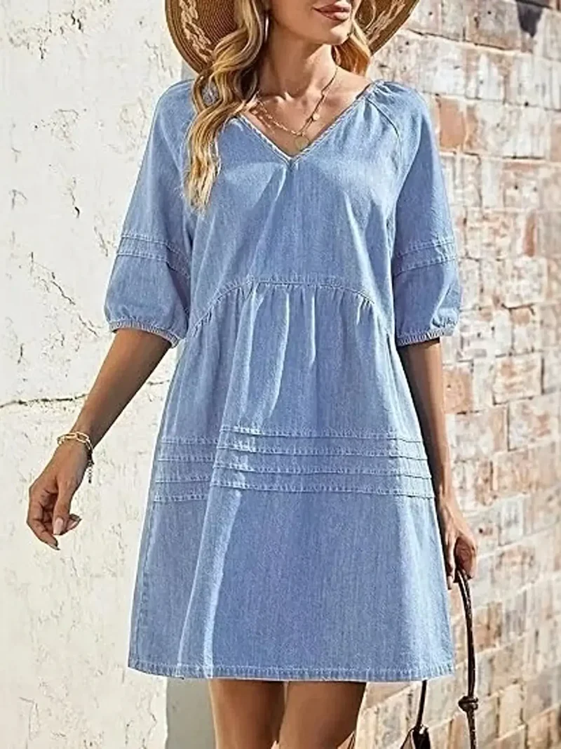 Luxe denim mini-jurk met V-hals en pofmouwen - 80% katoen, niet gevoerd, casual chic