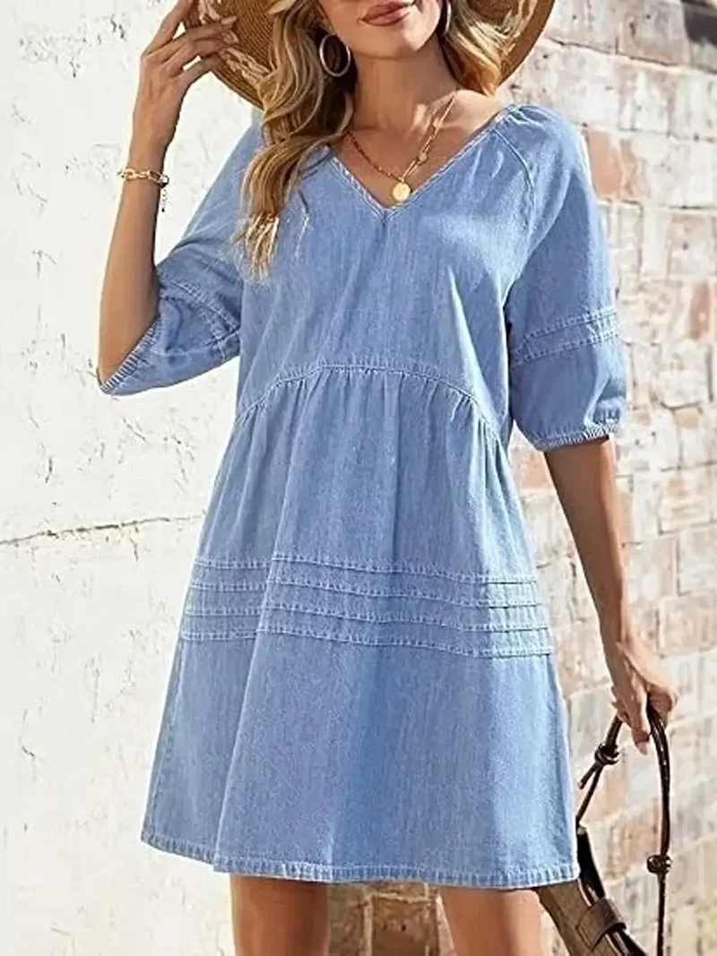 Luxe denim mini-jurk met V-hals en pofmouwen - 80% katoen, niet gevoerd, casual chic
