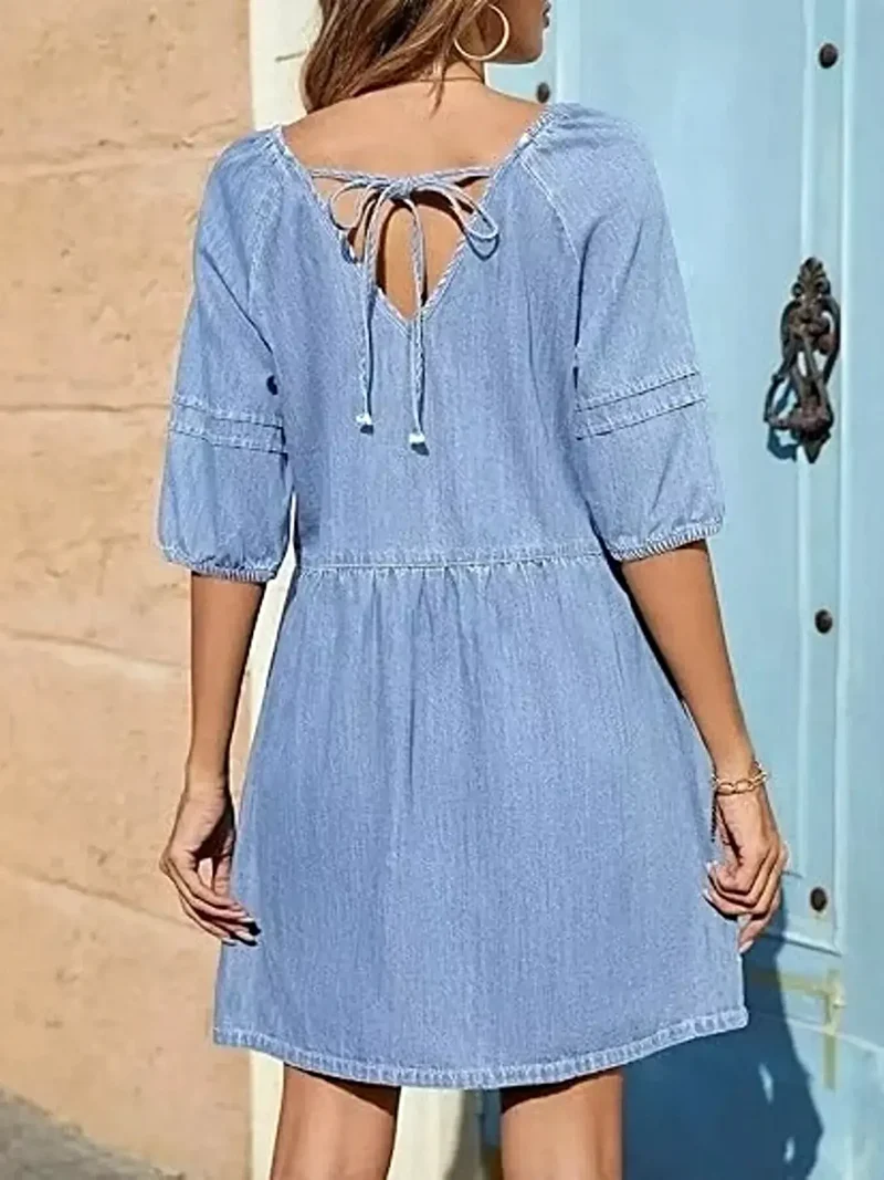 Luxe denim mini-jurk met V-hals en pofmouwen - 80% katoen, niet gevoerd, casual chic