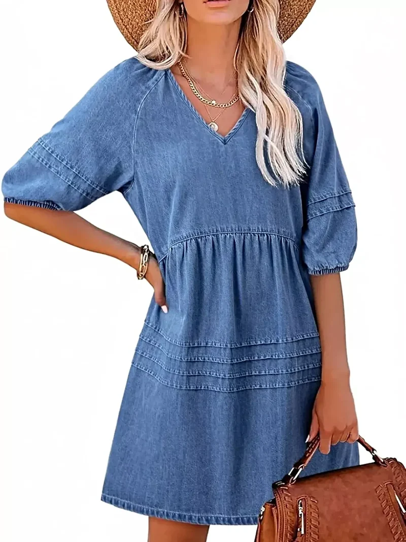 Luxe denim mini-jurk met V-hals en pofmouwen - 80% katoen, niet gevoerd, casual chic