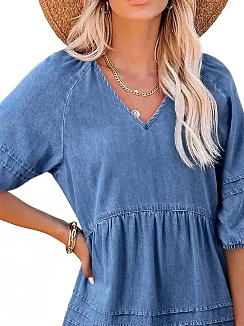 Luxe denim mini-jurk met V-hals en pofmouwen - 80% katoen, niet gevoerd, casual chic