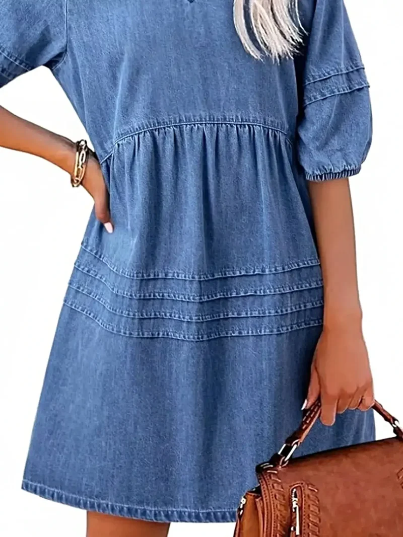 Luxe denim mini-jurk met V-hals en pofmouwen - 80% katoen, niet gevoerd, casual chic