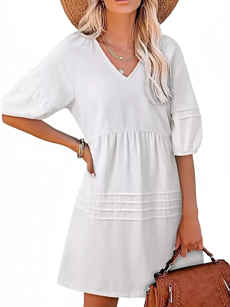 Luxe denim mini-jurk met V-hals en pofmouwen - 80% katoen, niet gevoerd, casual chic