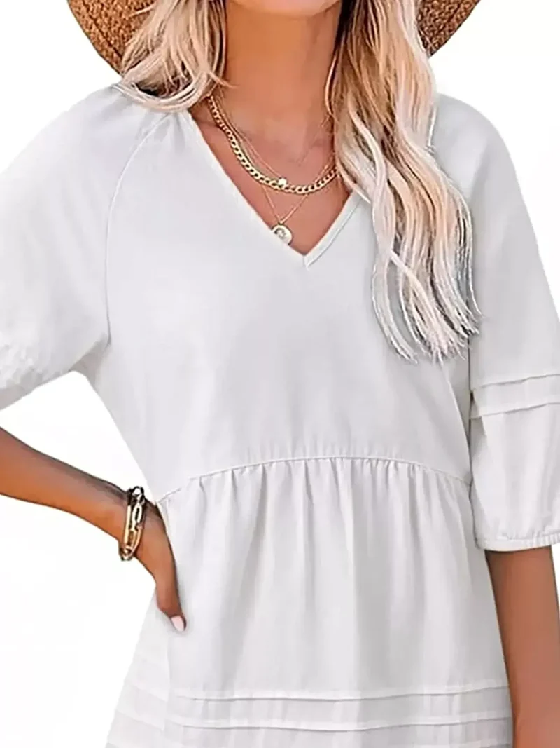 Luxe denim mini-jurk met V-hals en pofmouwen - 80% katoen, niet gevoerd, casual chic
