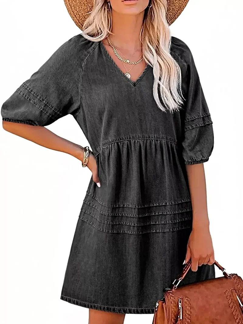 Luxe denim mini-jurk met V-hals en pofmouwen - 80% katoen, niet gevoerd, casual chic