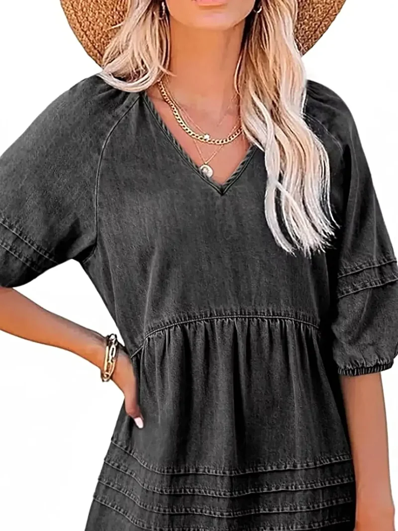 Luxe denim mini-jurk met V-hals en pofmouwen - 80% katoen, niet gevoerd, casual chic