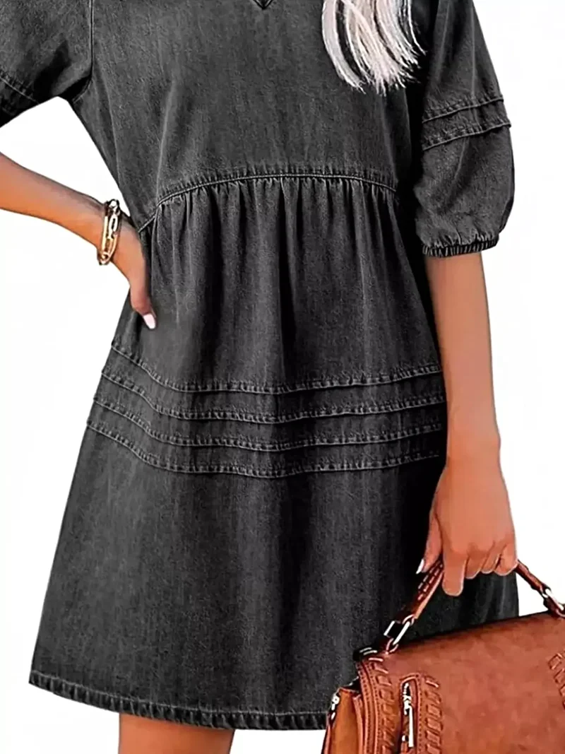 Luxe denim mini-jurk met V-hals en pofmouwen - 80% katoen, niet gevoerd, casual chic