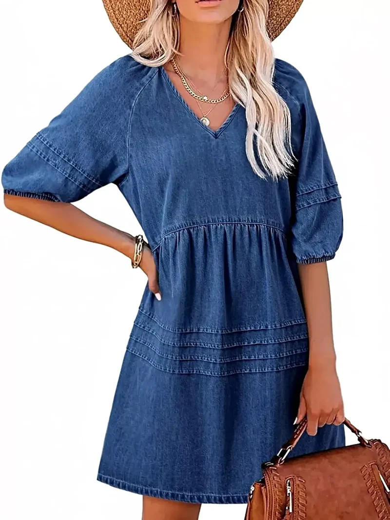 Luxe denim mini-jurk met V-hals en pofmouwen - 80% katoen, niet gevoerd, casual chic
