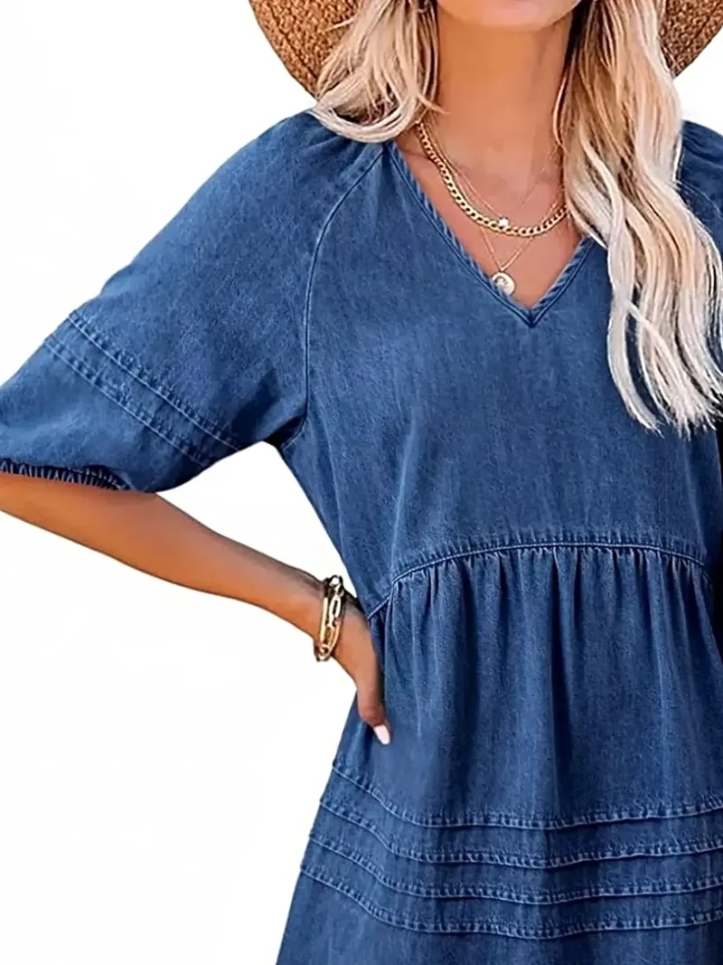 Luxe denim mini-jurk met V-hals en pofmouwen - 80% katoen, niet gevoerd, casual chic