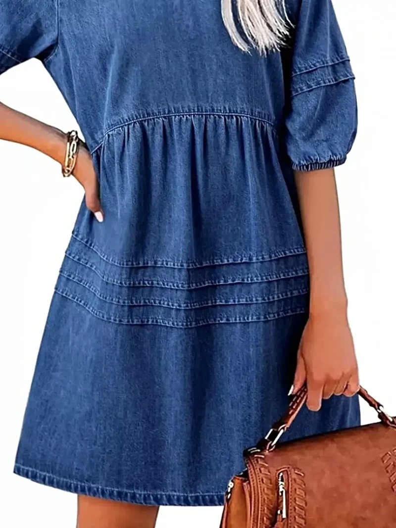 Luxe denim mini-jurk met V-hals en pofmouwen - 80% katoen, niet gevoerd, casual chic