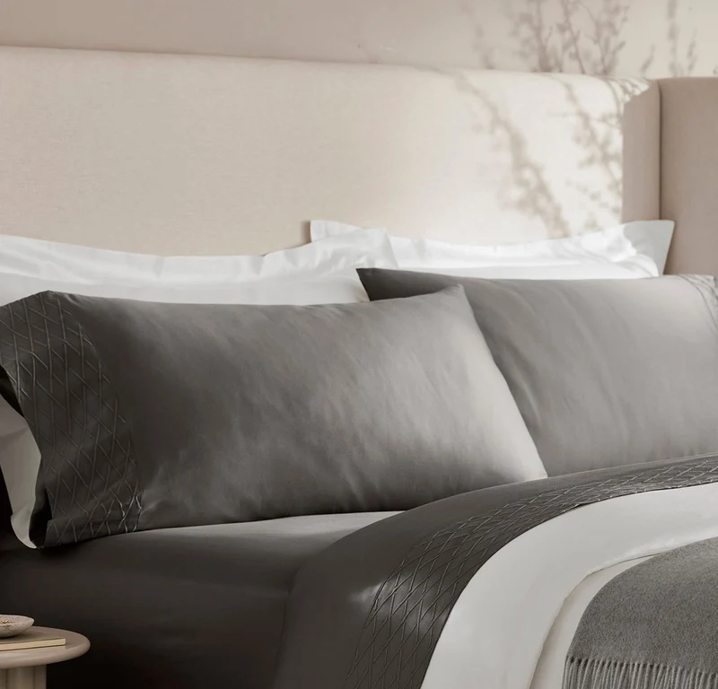 Reserve Embellished Pillowcase Set - Stone/Stone Embroidered Lattice