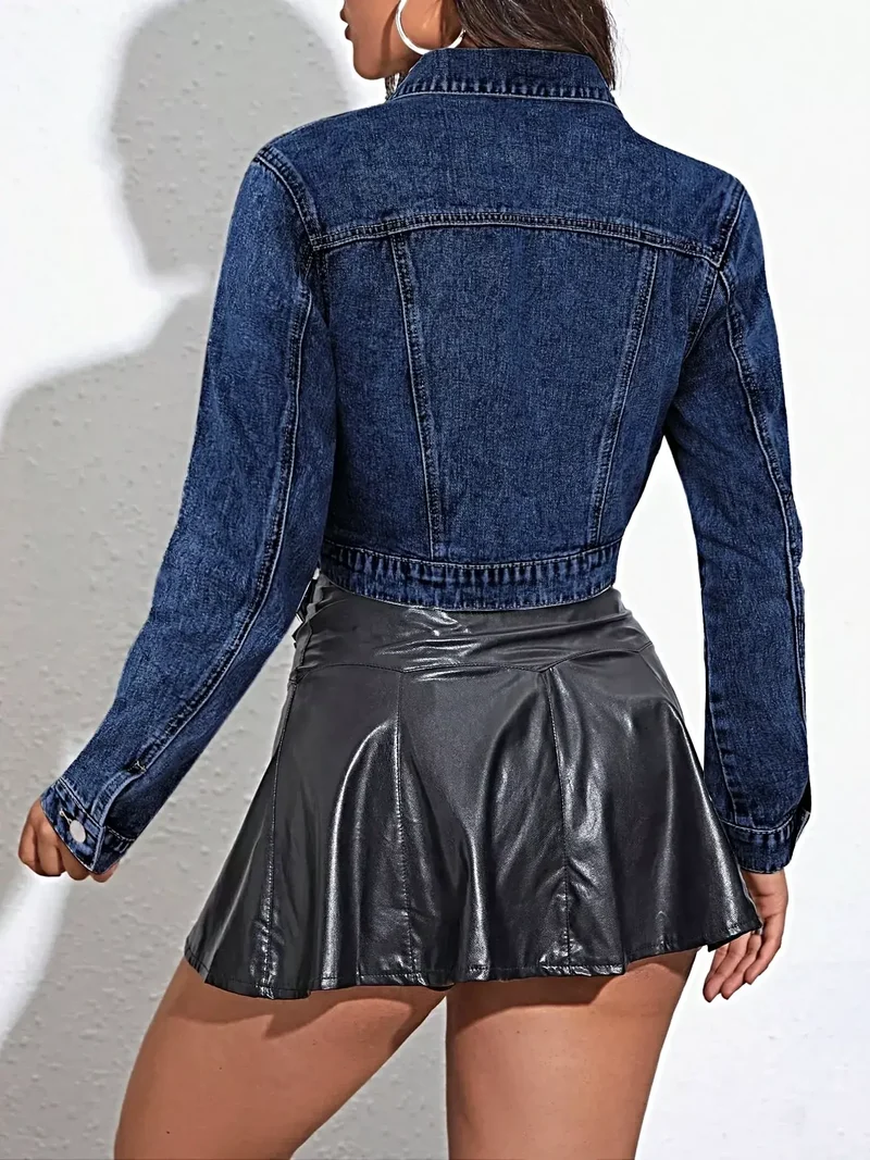 Stijlvol kort denim jack met knoopsluiting en zakken - Geïmporteerd, 85% katoen