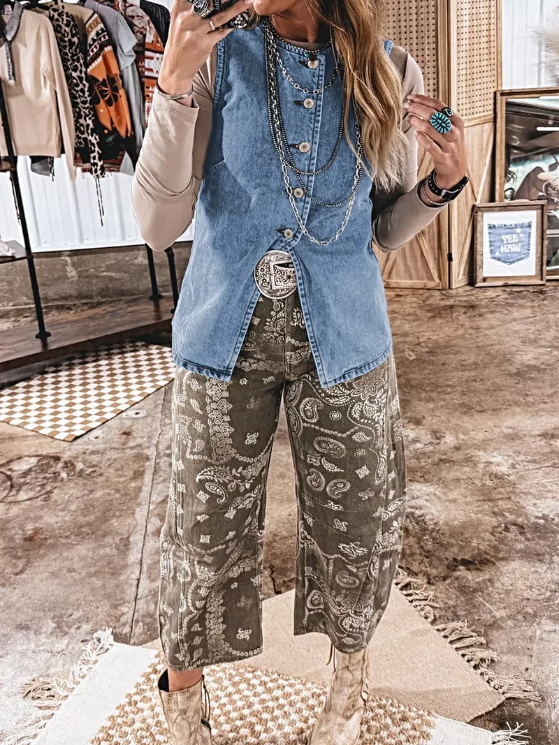 Trendsi denim vest met knopen - ontwerp met knoopsluiting aan de voorkant, hoogwaardige katoenmix, chique splitstijl