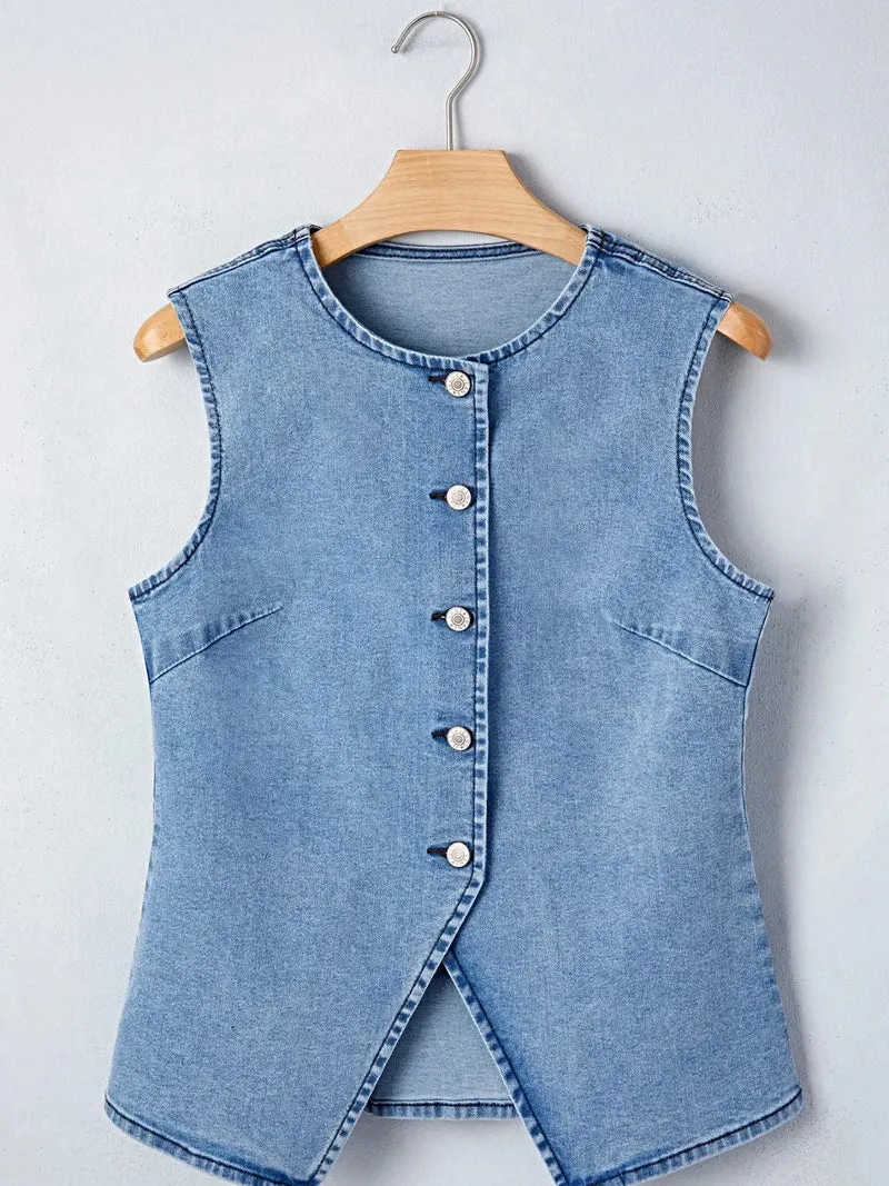 Trendsi denim vest met knopen - ontwerp met knoopsluiting aan de voorkant, hoogwaardige katoenmix, chique splitstijl