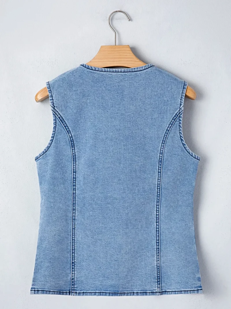 Trendsi denim vest met knopen - ontwerp met knoopsluiting aan de voorkant, hoogwaardige katoenmix, chique splitstijl