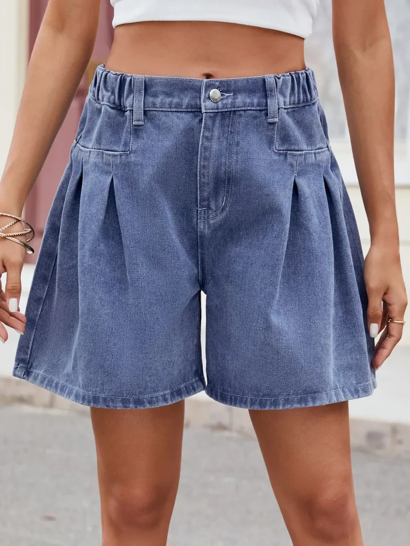 Geplooide denim shorts met half elastische taille