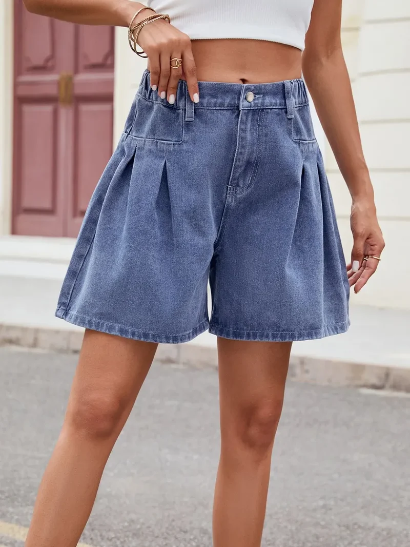 Geplooide denim shorts met half elastische taille