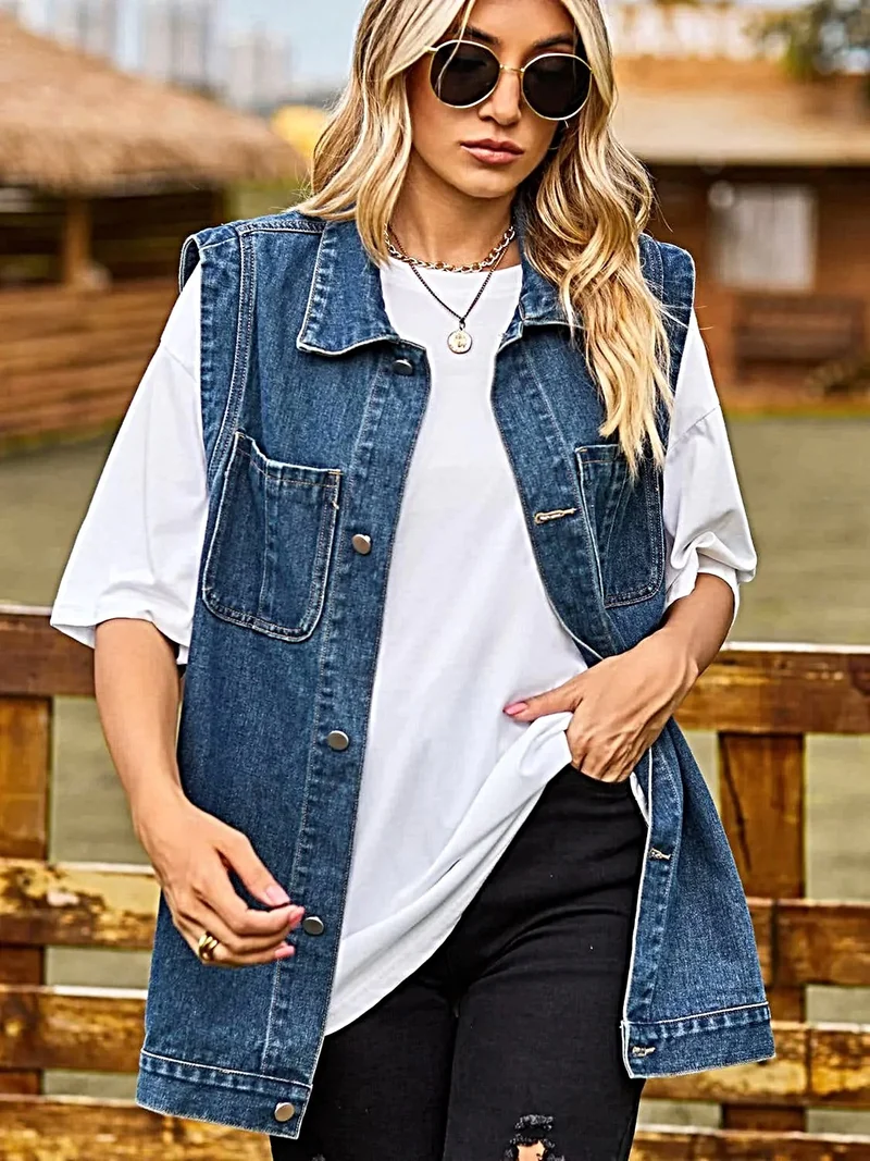 Chique mouwloos denim vest met kraag en zakken - casual stijl