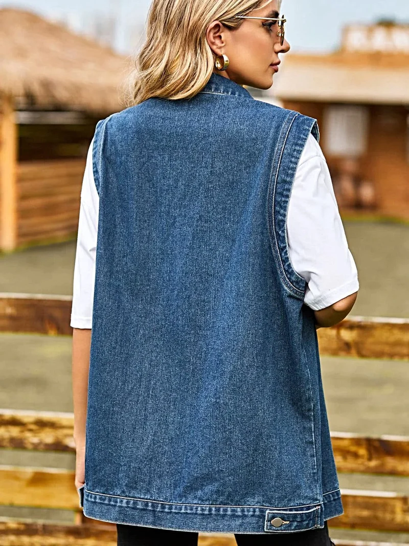 Chique mouwloos denim vest met kraag en zakken - casual stijl