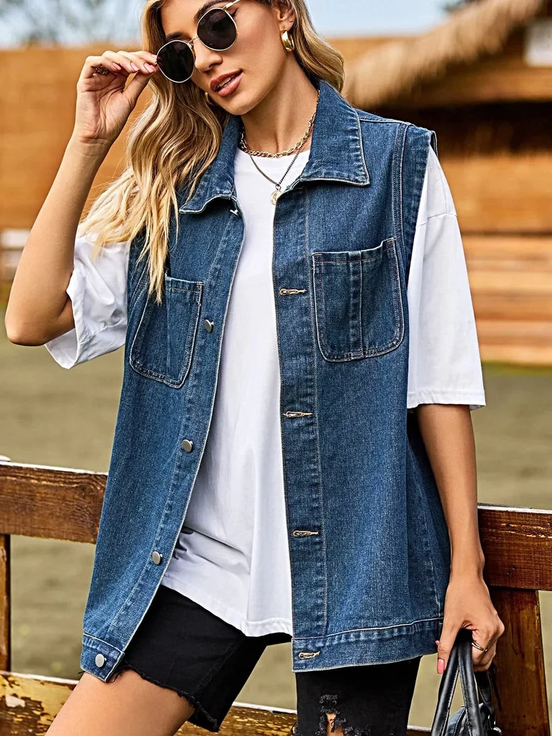 Chique mouwloos denim vest met kraag en zakken - casual stijl