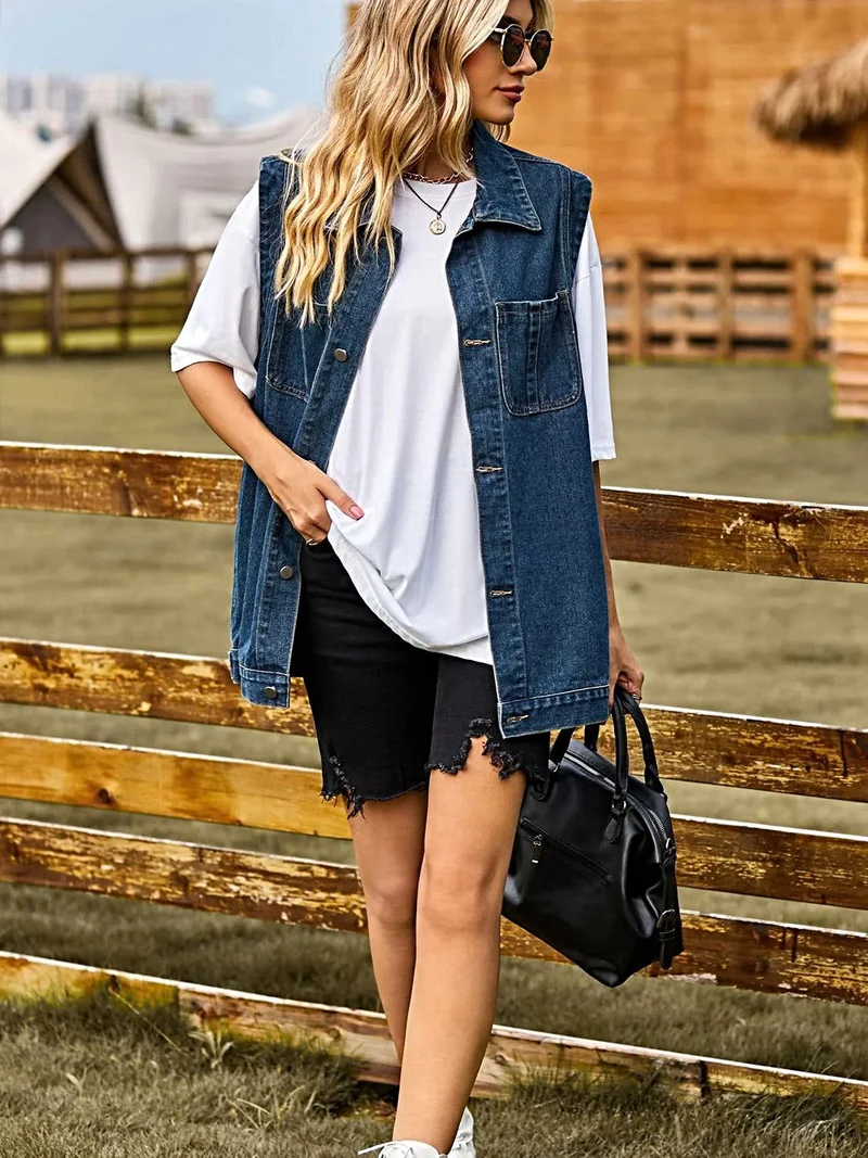 Chique mouwloos denim vest met kraag en zakken - casual stijl