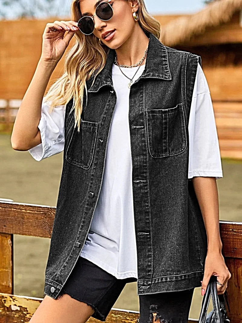 Chique mouwloos denim vest met kraag en zakken - casual stijl