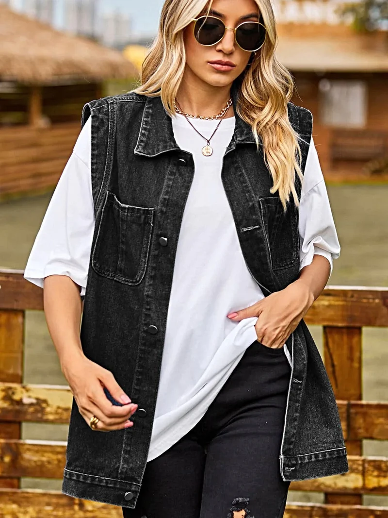 Chique mouwloos denim vest met kraag en zakken - casual stijl