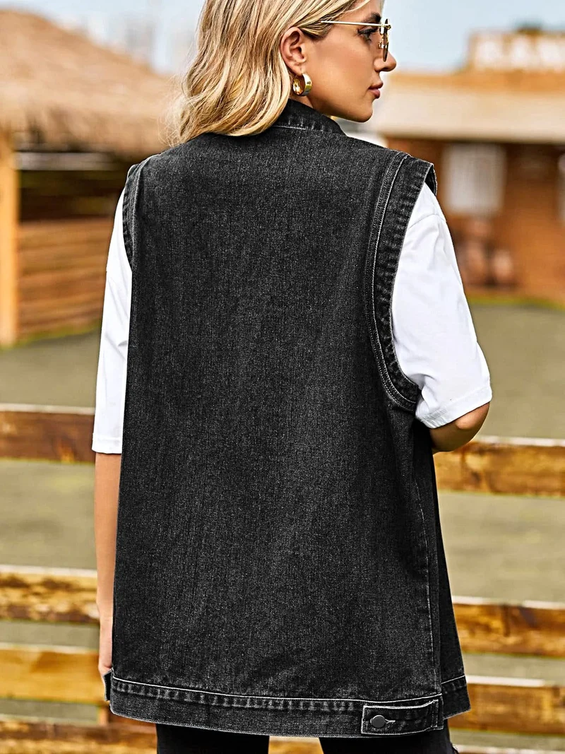 Chique mouwloos denim vest met kraag en zakken - casual stijl