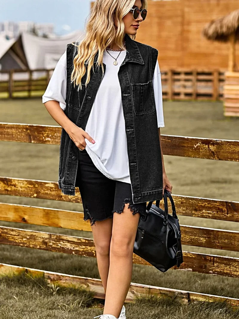 Chique mouwloos denim vest met kraag en zakken - casual stijl