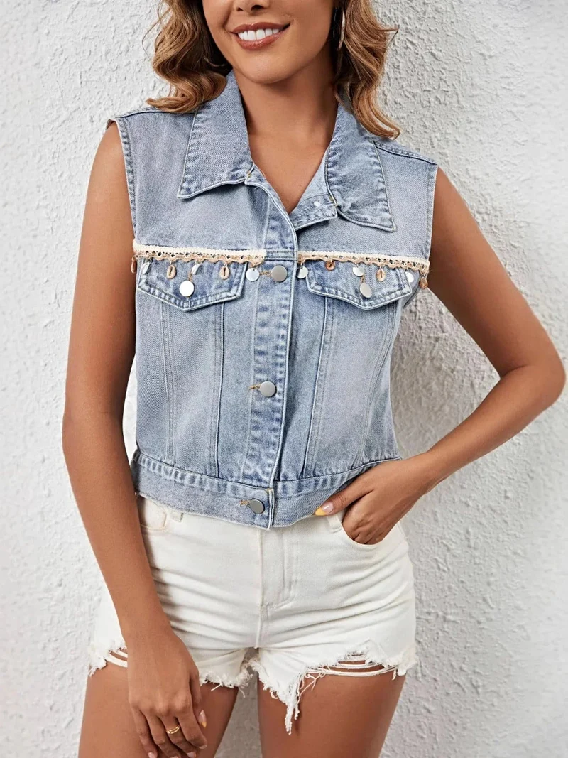 Stijlvol denim vest met knoopsluiting voor dames - 95% rayonstof met klassiek design