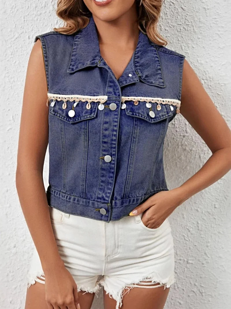 Stijlvol denim vest met knoopsluiting voor dames - 95% rayonstof met klassiek design