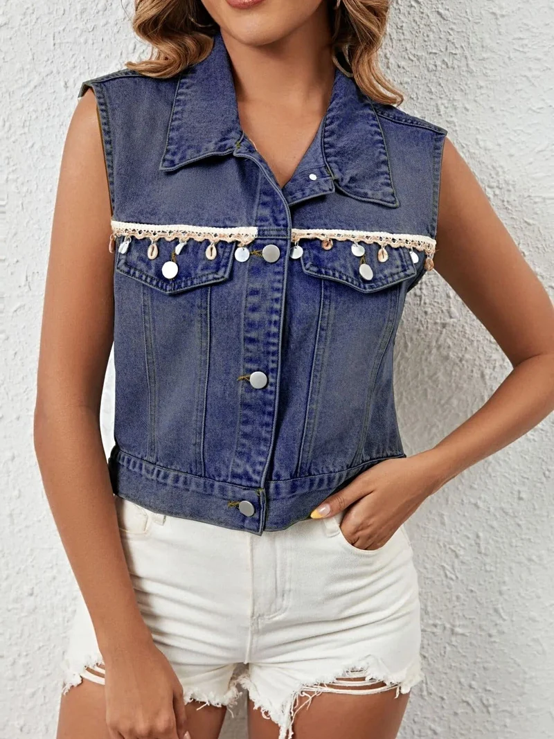 Stijlvol denim vest met knoopsluiting voor dames - 95% rayonstof met klassiek design