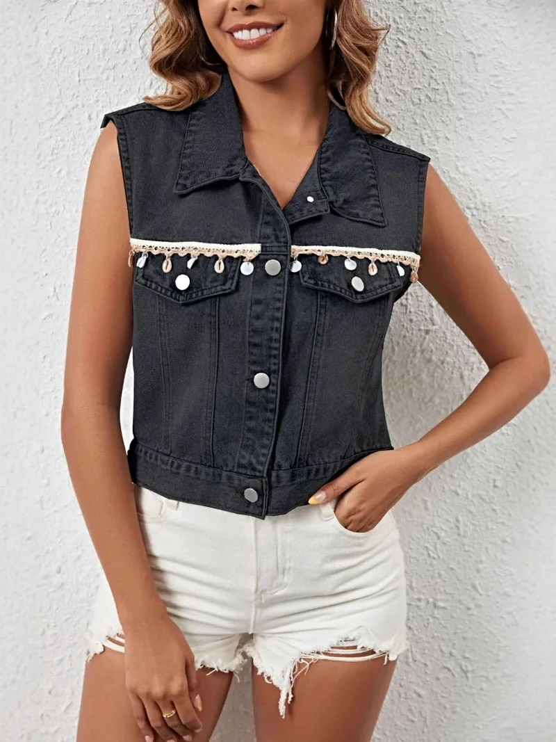 Stijlvol denim vest met knoopsluiting voor dames - 95% rayonstof met klassiek design