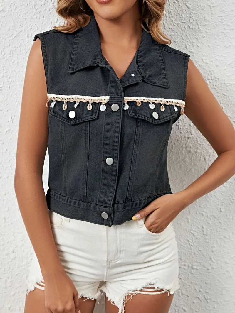 Stijlvol denim vest met knoopsluiting voor dames - 95% rayonstof met klassiek design