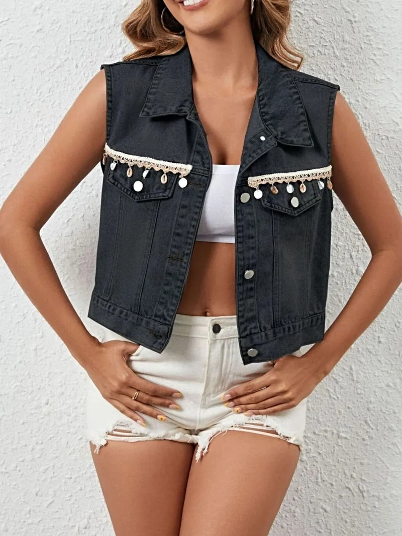 Stijlvol denim vest met knoopsluiting voor dames - 95% rayonstof met klassiek design