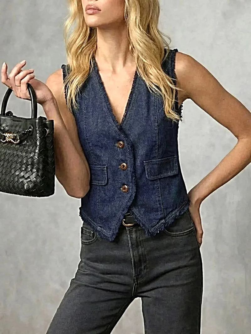 Stijlvol denim vest met gerafelde zoom, knoopdetails en zakken - Trendsi