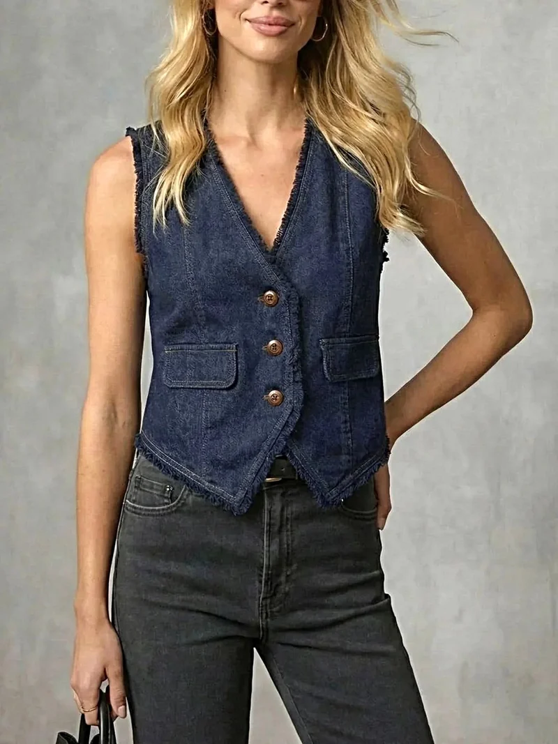 Stijlvol denim vest met gerafelde zoom, knoopdetails en zakken - Trendsi
