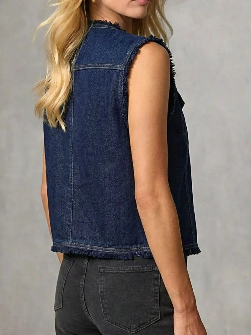 Stijlvol denim vest met gerafelde zoom, knoopdetails en zakken - Trendsi