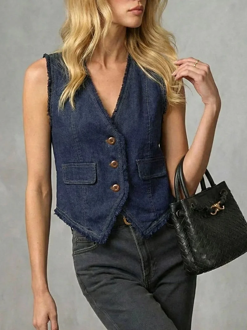 Stijlvol denim vest met gerafelde zoom, knoopdetails en zakken - Trendsi