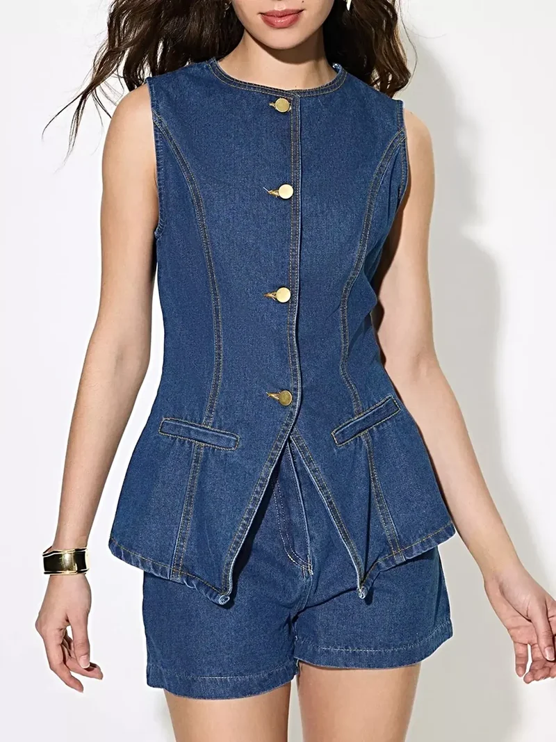 Stijlvol denim overhemd met knoopsluiting - mouwloos model, 85% katoen, perfect voor zomerse uitjes.