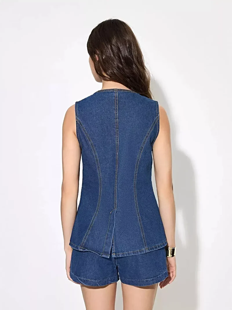 Stijlvol denim overhemd met knoopsluiting - mouwloos model, 85% katoen, perfect voor zomerse uitjes.
